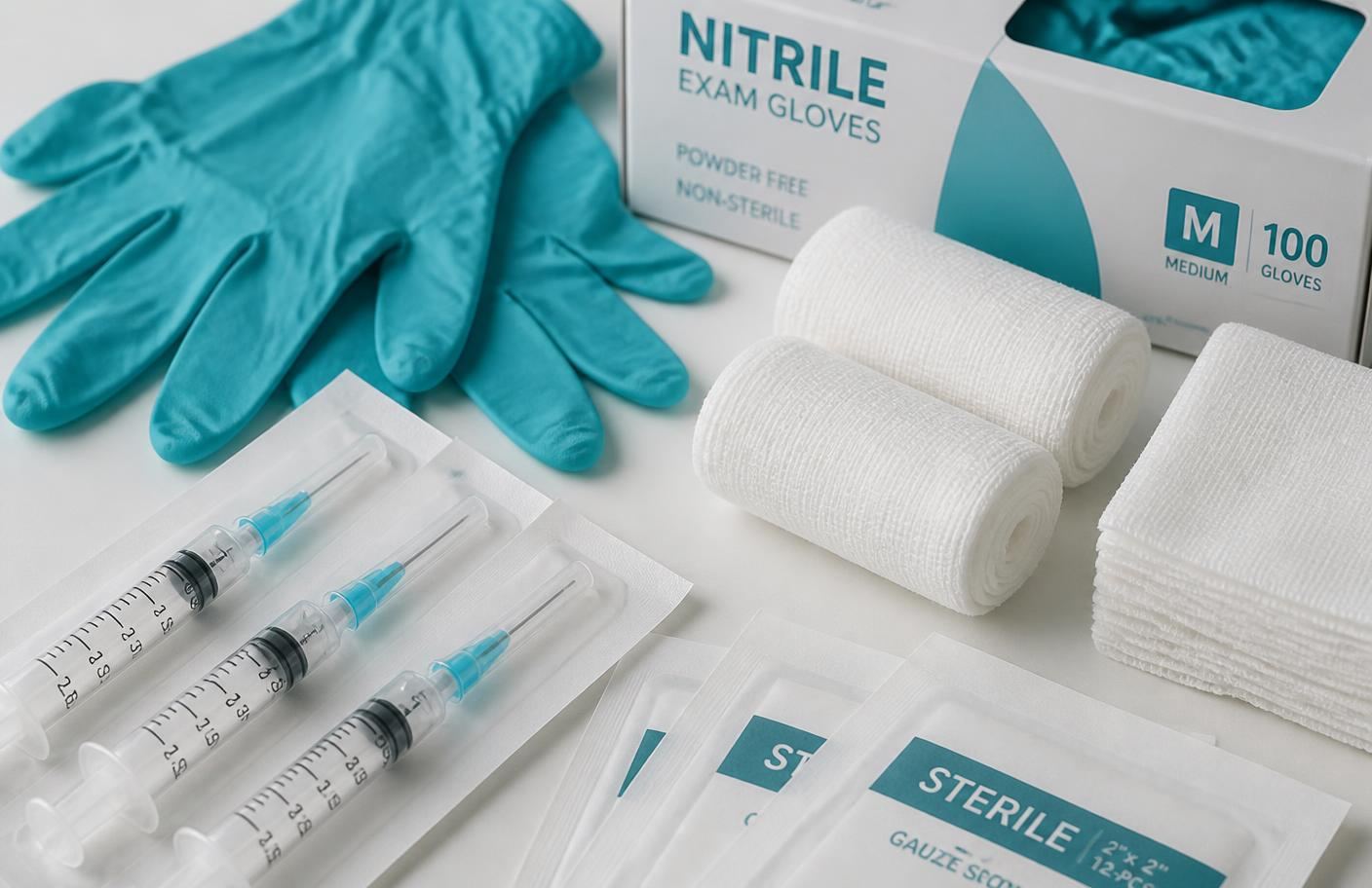 Nitrile exam gloves, sterile gauze and syringes from the WiscoMed catalog