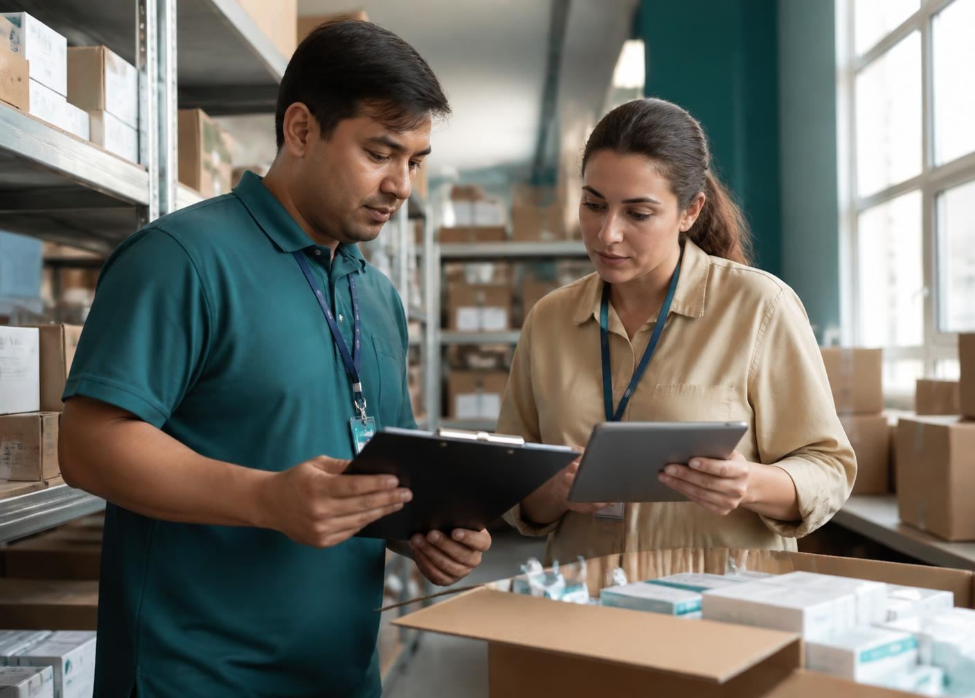 Two WiscoMed team members reviewing an order manifest in the warehouse